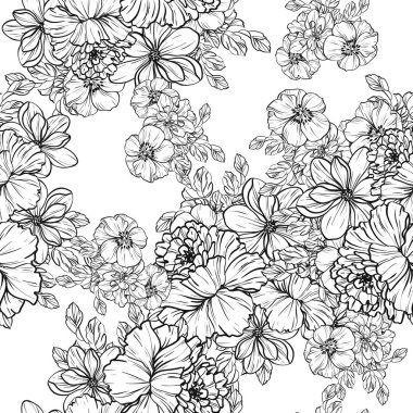 Sorunsuz vintage tarzı çiçek deseni. Siyah ve beyaz çiçek öğeleri.