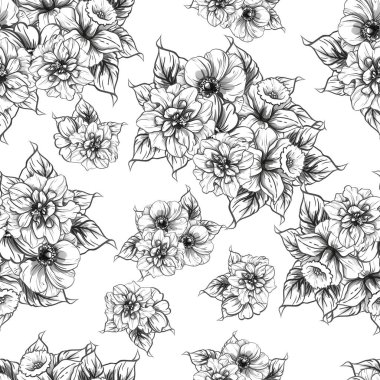 Sorunsuz vintage tarzı çiçek deseni. Siyah ve beyaz çiçek öğeleri.