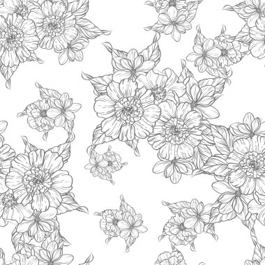 Sorunsuz vintage tarzı çiçek deseni. Siyah ve beyaz çiçek öğeleri.