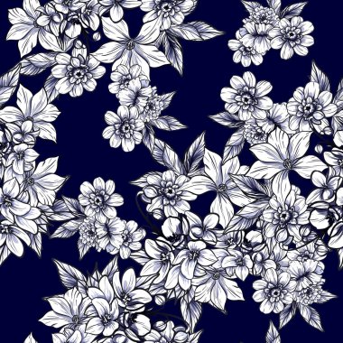Sorunsuz vintage tarzı çiçek deseni. Siyah ve beyaz çiçek öğeleri.