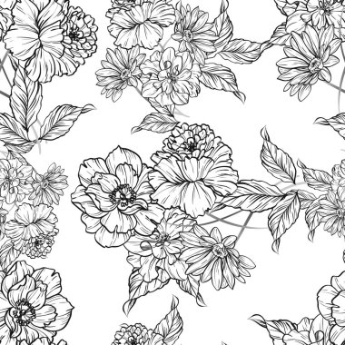 Sorunsuz vintage tarzı çiçek deseni. Siyah ve beyaz çiçek öğeleri.