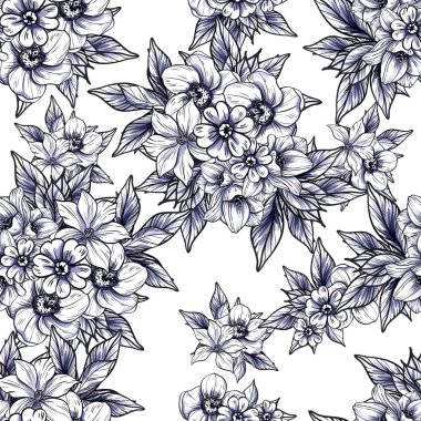 Sorunsuz vintage tarzı tek renkli renkli çiçek deseni. Çiçek öğeleri.