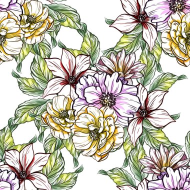 Sorunsuz vintage tarzı çiçek deseni. Renkli çiçek öğeleri