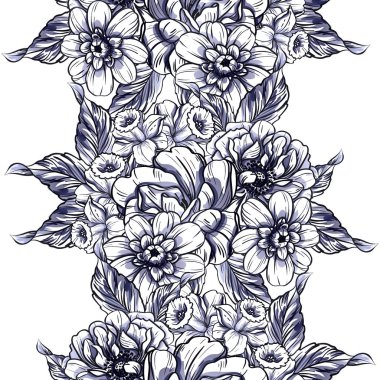 Sorunsuz vintage tarzı tek renkli renkli çiçek deseni. Çiçek öğeleri.