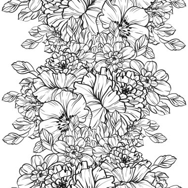 Sorunsuz vintage tarzı çiçek deseni. Siyah ve beyaz çiçek öğeleri.