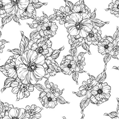 Sorunsuz vintage tarzı çiçek deseni. Siyah ve beyaz çiçek öğeleri.