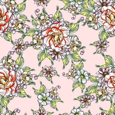 Sorunsuz vintage tarzı çiçek deseni. Renkli çiçek öğeleri