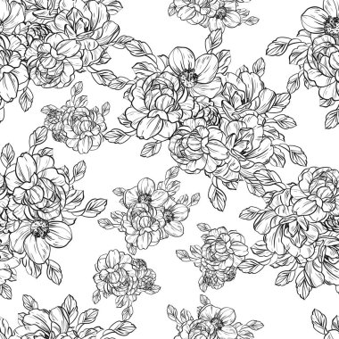 Sorunsuz vintage tarzı çiçek deseni. Siyah ve beyaz çiçek öğeleri.