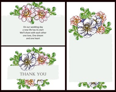 Klasik çiçek düğün kartları seti. Çiçek elementleri ve çerçeveleri.