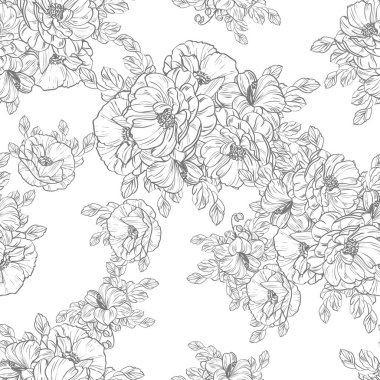 Sorunsuz vintage tarzı çiçek deseni. Siyah ve beyaz çiçek öğeleri.