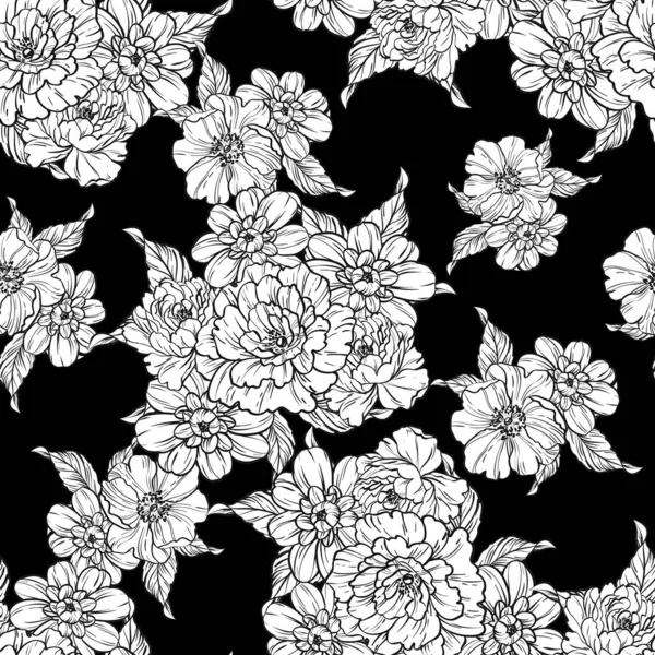 Padrão Flor Estilo Vintage Sem Costura Elementos Florais Preto Branco — Vetor de Stock