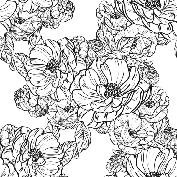 Patrón Flores Estilo Vintage Sin Costuras Elementos Florales Blanco Negro — Vector de stock