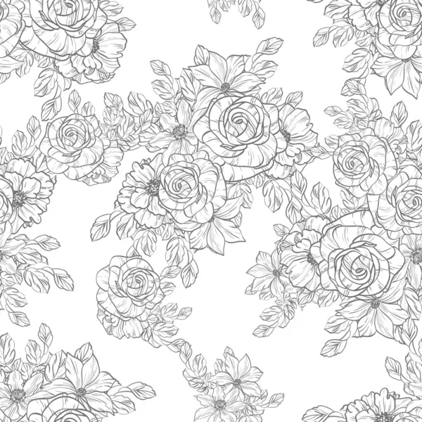 Patrón Flores Estilo Vintage Sin Costuras Elementos Florales Blanco Negro — Vector de stock