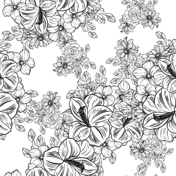 Patrón Flores Estilo Vintage Sin Costuras Elementos Florales Blanco Negro — Vector de stock