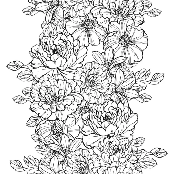 Patrón Flores Estilo Vintage Sin Costuras Elementos Florales Blanco Negro — Vector de stock