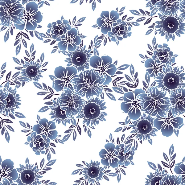 Bezszwowe Stylu Vintage Monochromatyczne Ciemny Niebieski Kolorowe Kwiatki Kwiatowy Elementy — Wektor stockowy