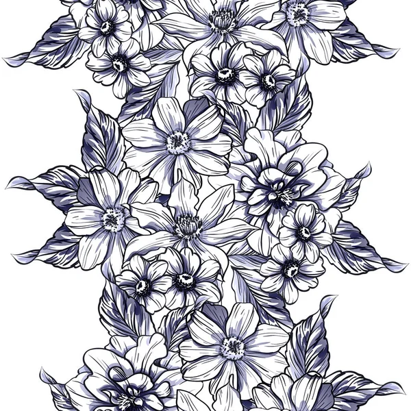 Naadloze Vintage Stijl Zwart Wit Gekleurde Bloemenpatroon Floral Elementen — Stockvector