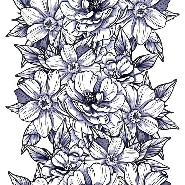 Naadloze Vintage Stijl Zwart Wit Gekleurde Bloemenpatroon Floral Elementen — Stockvector