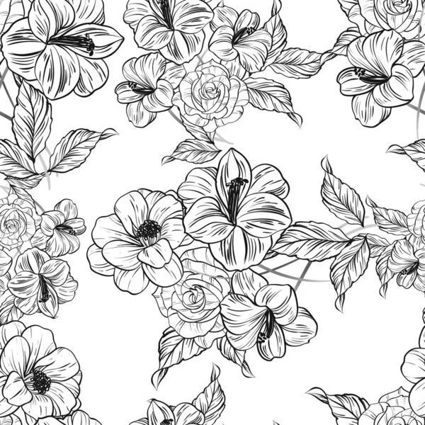 Patrón Flores Estilo Vintage Sin Costuras Elementos Florales Blanco Negro — Vector de stock