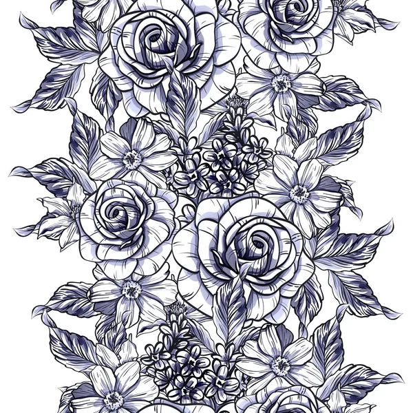 Modèle Fleur Monochrome Sans Couture Style Vintage Éléments Floraux — Image vectorielle