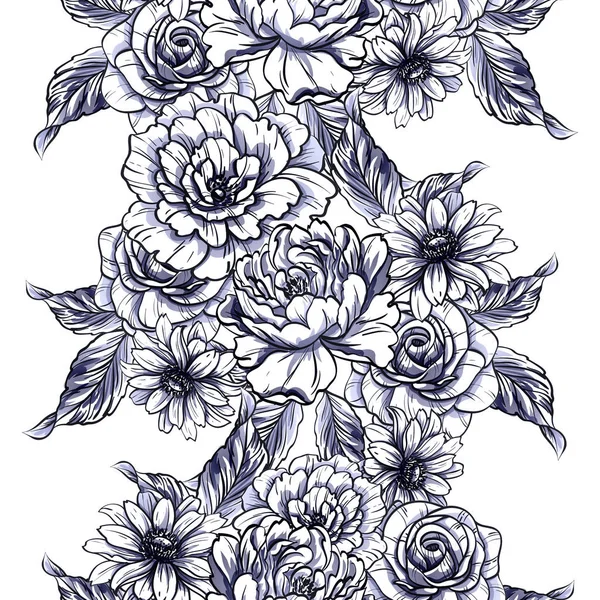 Modèle Fleur Monochrome Sans Couture Style Vintage Éléments Floraux — Image vectorielle