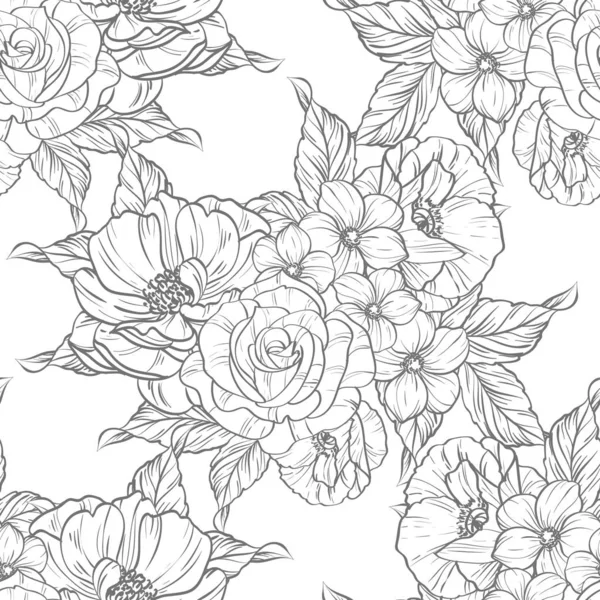 Seamless Vintage Style Flower Pattern Floral Elements Black White — Stock Vector