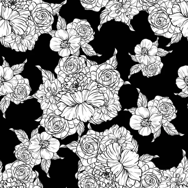 Modèle Fleur Style Vintage Sans Couture Eléments Floraux Noir Blanc — Image vectorielle