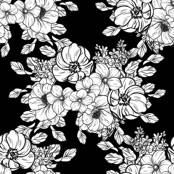 Modèle Fleur Style Vintage Sans Couture Eléments Floraux Noir Blanc — Image vectorielle