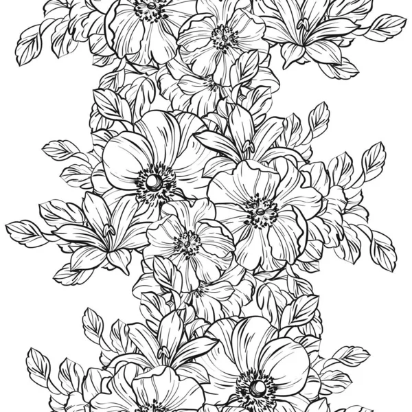 Patrón Flores Estilo Vintage Sin Costuras Elementos Florales Blanco Negro — Vector de stock