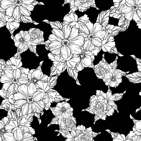 Varrat Nélküli Vintage Stílusú Virág Minta Fekete Fehér Virág Elemek — Stock Vector
