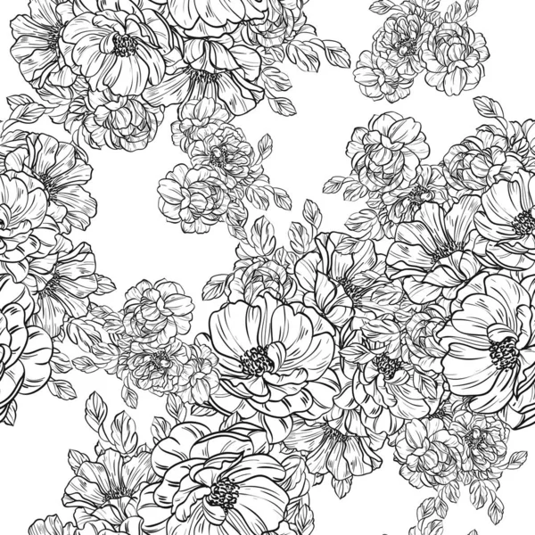 Seamless Vintage Style Flower Pattern Floral Elements Black White — Stock Vector