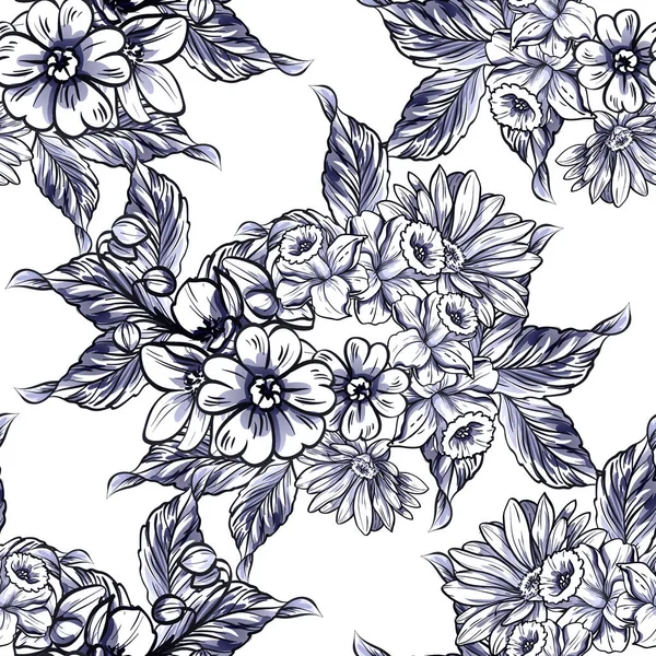 Modèle Fleur Monochrome Sans Couture Style Vintage Éléments Floraux — Image vectorielle