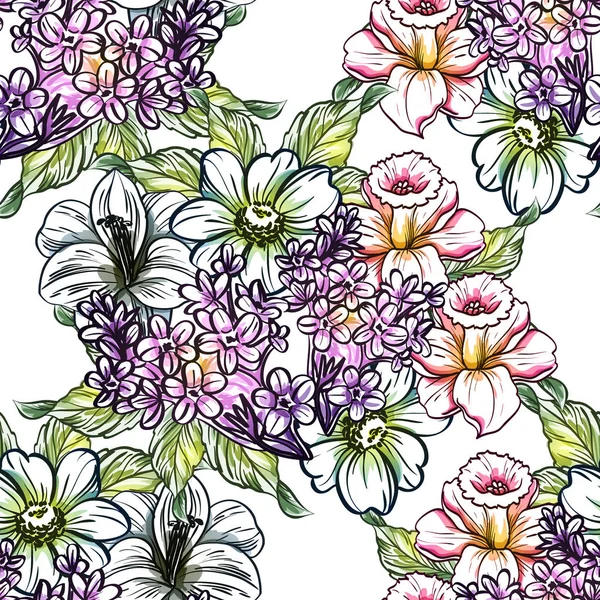 Modèle Fleur Style Vintage Sans Couture Éléments Floraux Couleur — Image vectorielle