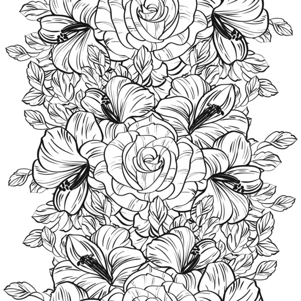 Patrón Flores Estilo Vintage Sin Costuras Elementos Florales Blanco Negro — Vector de stock