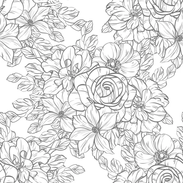 Bezszwowe Stylu Vintage Kwiatki Kwiatowy Elementy Czerni Bieli — Wektor stockowy