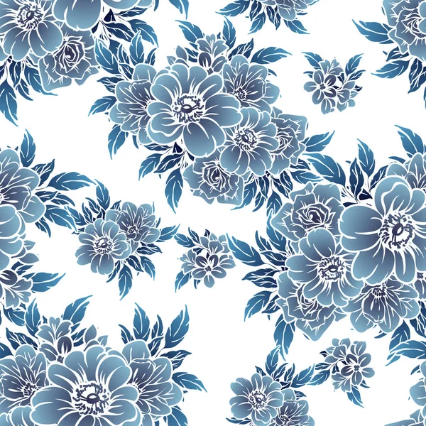 Seamless Vintage Style Monochrome Dark Blue Colored Flower Pattern Floral — Stock Vector