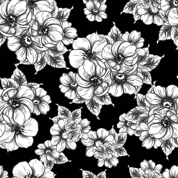 Padrão Flor Estilo Vintage Sem Costura Elementos Florais Preto Branco — Vetor de Stock