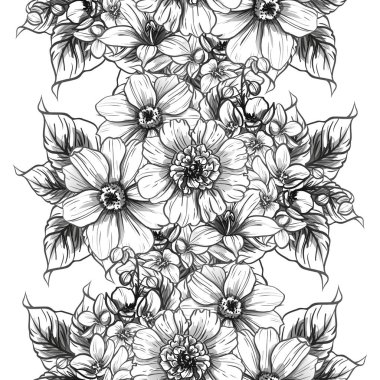 Sorunsuz vintage tarzı çiçek deseni. Siyah ve beyaz çiçek öğeleri.