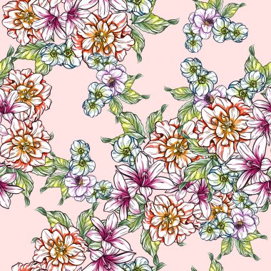 Sorunsuz vintage tarzı çiçek deseni. Renkli çiçek öğeleri