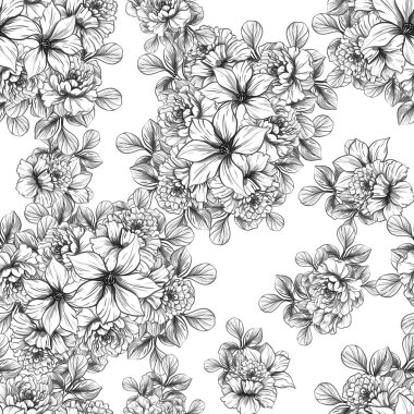 Sorunsuz vintage tarzı çiçek deseni. Siyah ve beyaz çiçek öğeleri.