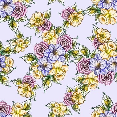 Sorunsuz vintage tarzı çiçek deseni. Renkli çiçek öğeleri