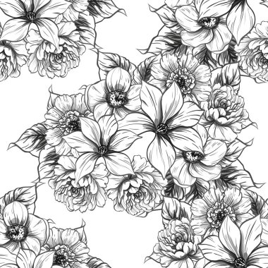 Sorunsuz vintage tarzı çiçek deseni. Siyah ve beyaz çiçek öğeleri.