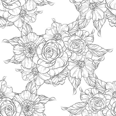 Sorunsuz vintage tarzı çiçek deseni. Siyah ve beyaz çiçek öğeleri.