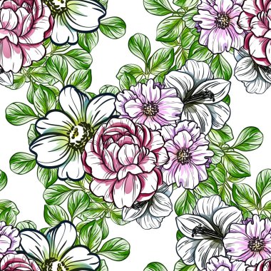 Sorunsuz vintage tarzı çiçek deseni. Renkli çiçek öğeleri