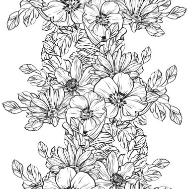 Sorunsuz vintage tarzı çiçek deseni. Siyah ve beyaz çiçek öğeleri.