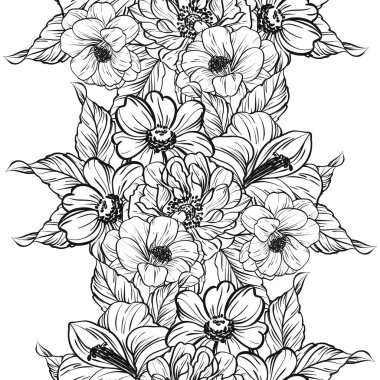 Sorunsuz vintage tarzı çiçek deseni. Siyah ve beyaz çiçek öğeleri.