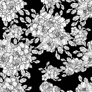 Sorunsuz vintage tarzı çiçek deseni. Siyah ve beyaz çiçek öğeleri.