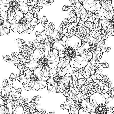 Sorunsuz vintage tarzı çiçek deseni. Siyah ve beyaz çiçek öğeleri.