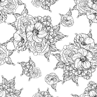 Sorunsuz vintage tarzı çiçek deseni. Siyah ve beyaz çiçek öğeleri.