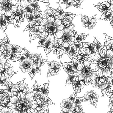 Sorunsuz vintage tarzı çiçek deseni. Siyah ve beyaz çiçek öğeleri.